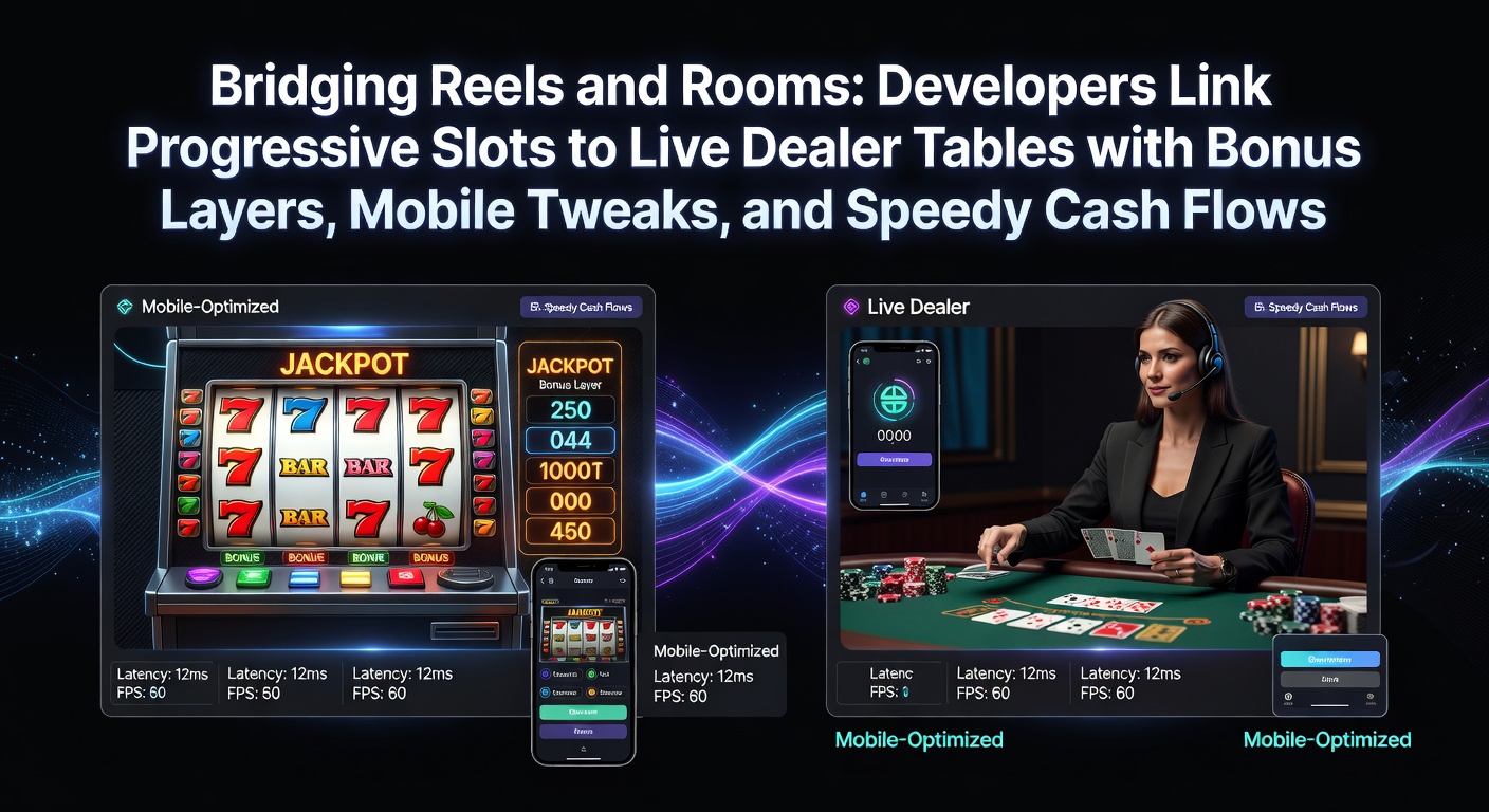 Dynamic interface showing progressive slot reels merging with a live dealer blackjack table, jackpot meter ticking upward alongside card dealing action