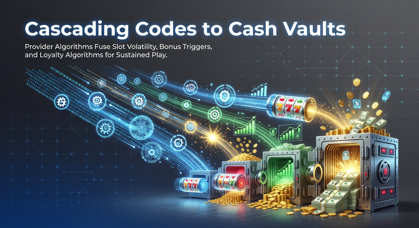 Dynamic visualization of cascading slot symbols morphing into algorithmic chains linking volatility meters, bonus explosions, and glowing loyalty vaults filled with cash prizes