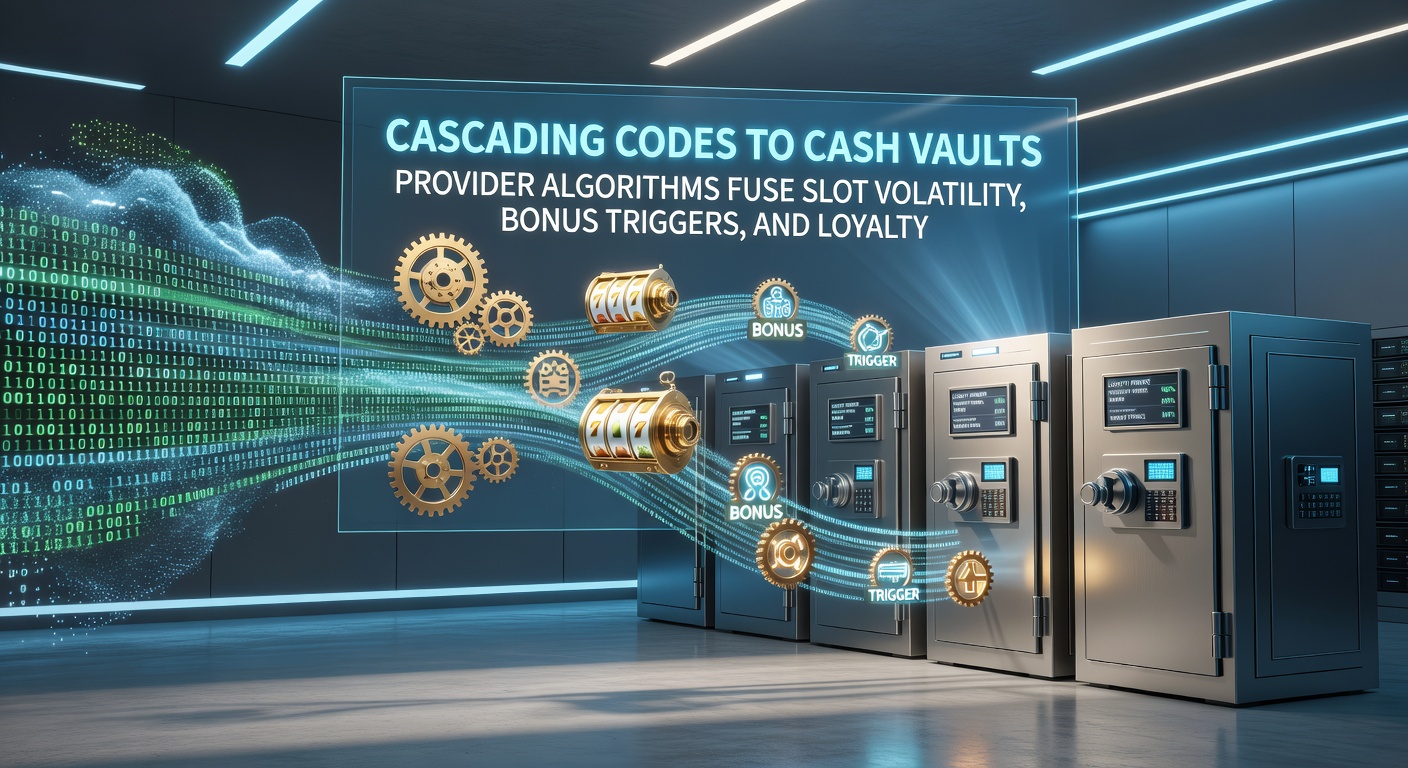 Close-up of a slot interface showing intertwined algorithms: cascading reels feeding into volatility graphs, bonus trigger icons, and loyalty progress bars leading to a central cash vault