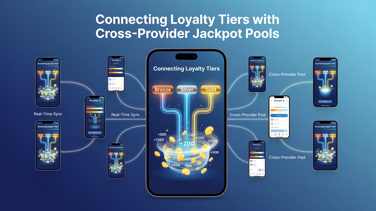 Mobile app interface displaying interconnected loyalty tiers and shared jackpot pools across multiple gaming providers