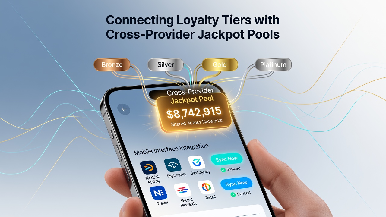 Player using a smartphone to track combined loyalty progress and jackpot contributions from multiple providers