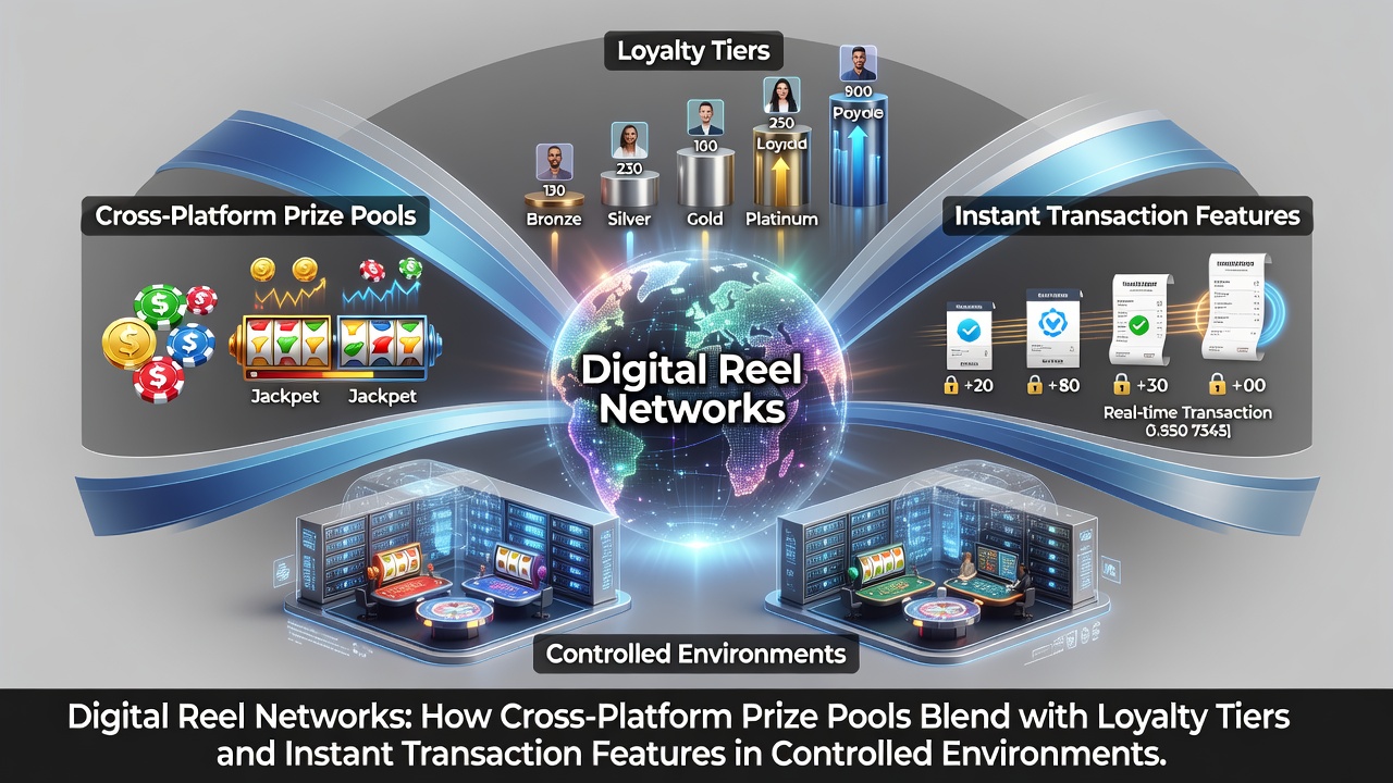 Digital reel network interface showing interconnected prize pools across multiple gaming platforms with loyalty indicators