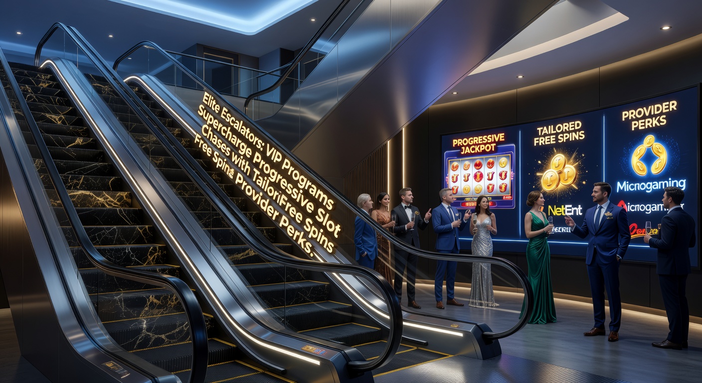 Vibrant display of a progressive slot machine screen showing escalating VIP levels with free spins cascading and jackpot meters climbing amid golden escalator graphics