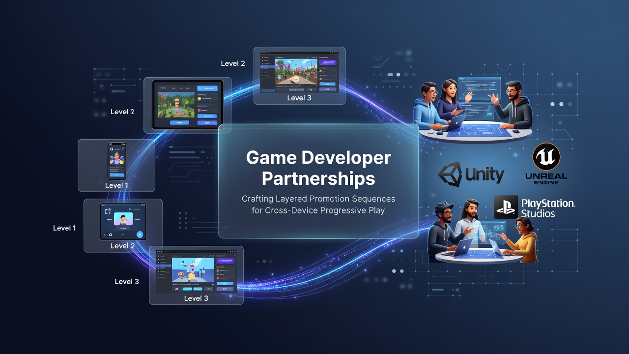 Game developers collaborating on cross-device promotion strategies for progressive gaming platforms