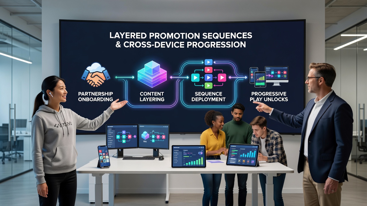 Cross-device gaming interface showing layered promotions and progressive features in action