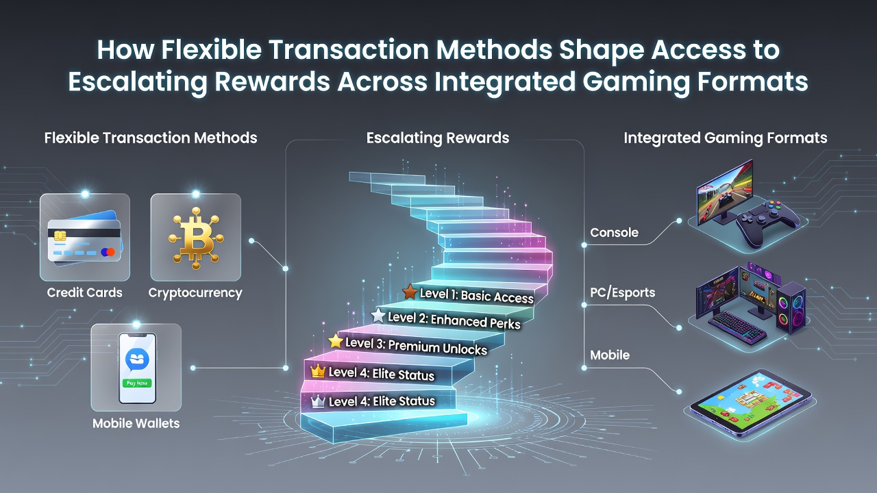Illustration of payment gateways connecting various gaming formats with reward ladders