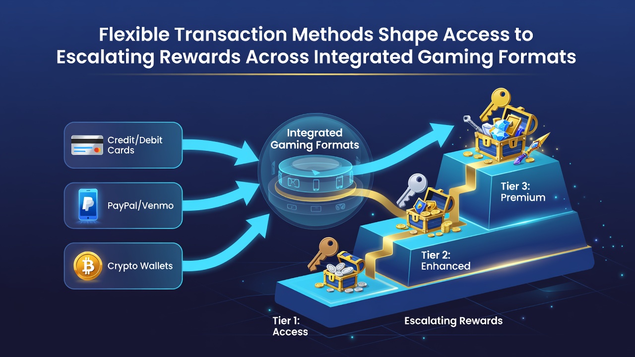 Diagram showing reward escalation paths linked by instant payment options across mobile and desktop gaming