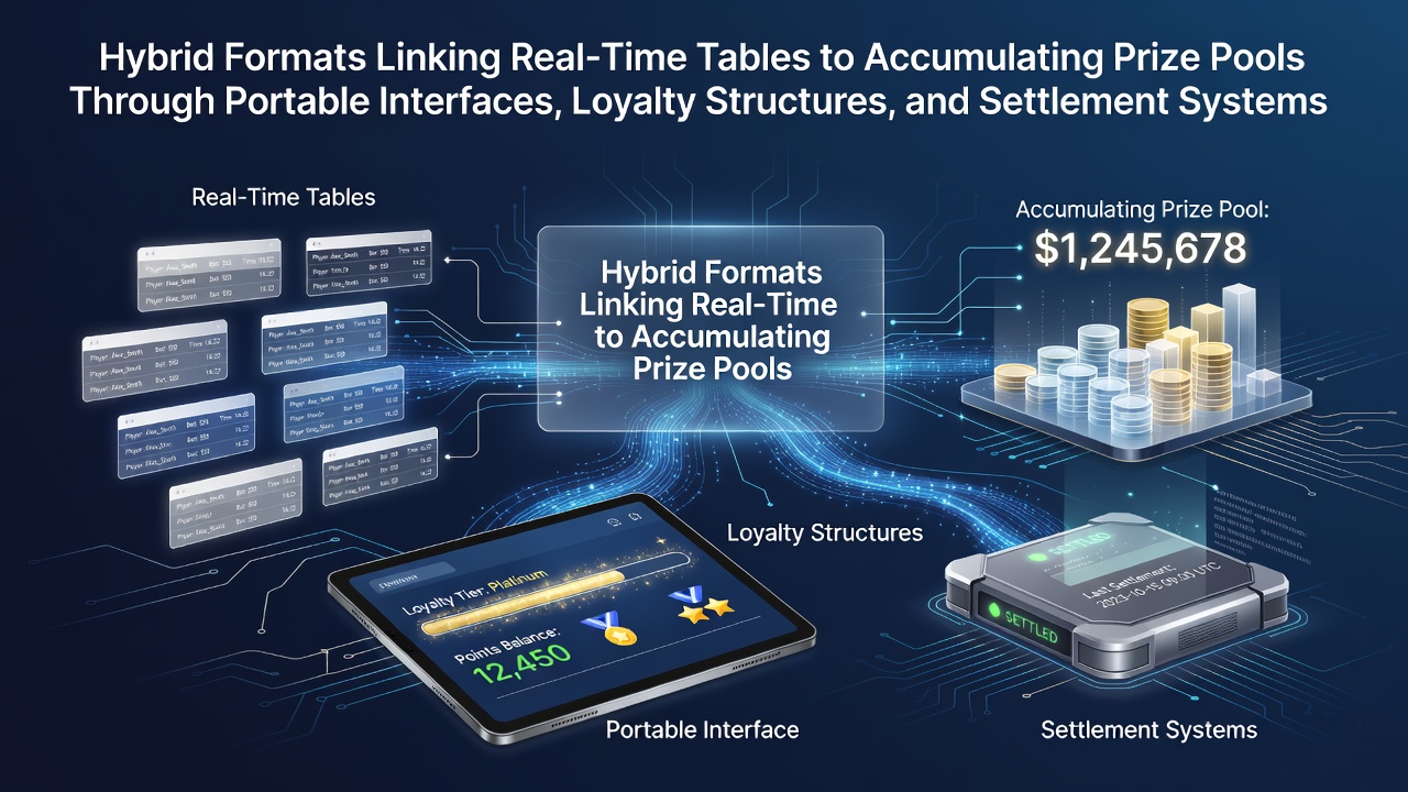 Hybrid gaming interface showing real-time table integration with mobile prize pool displays