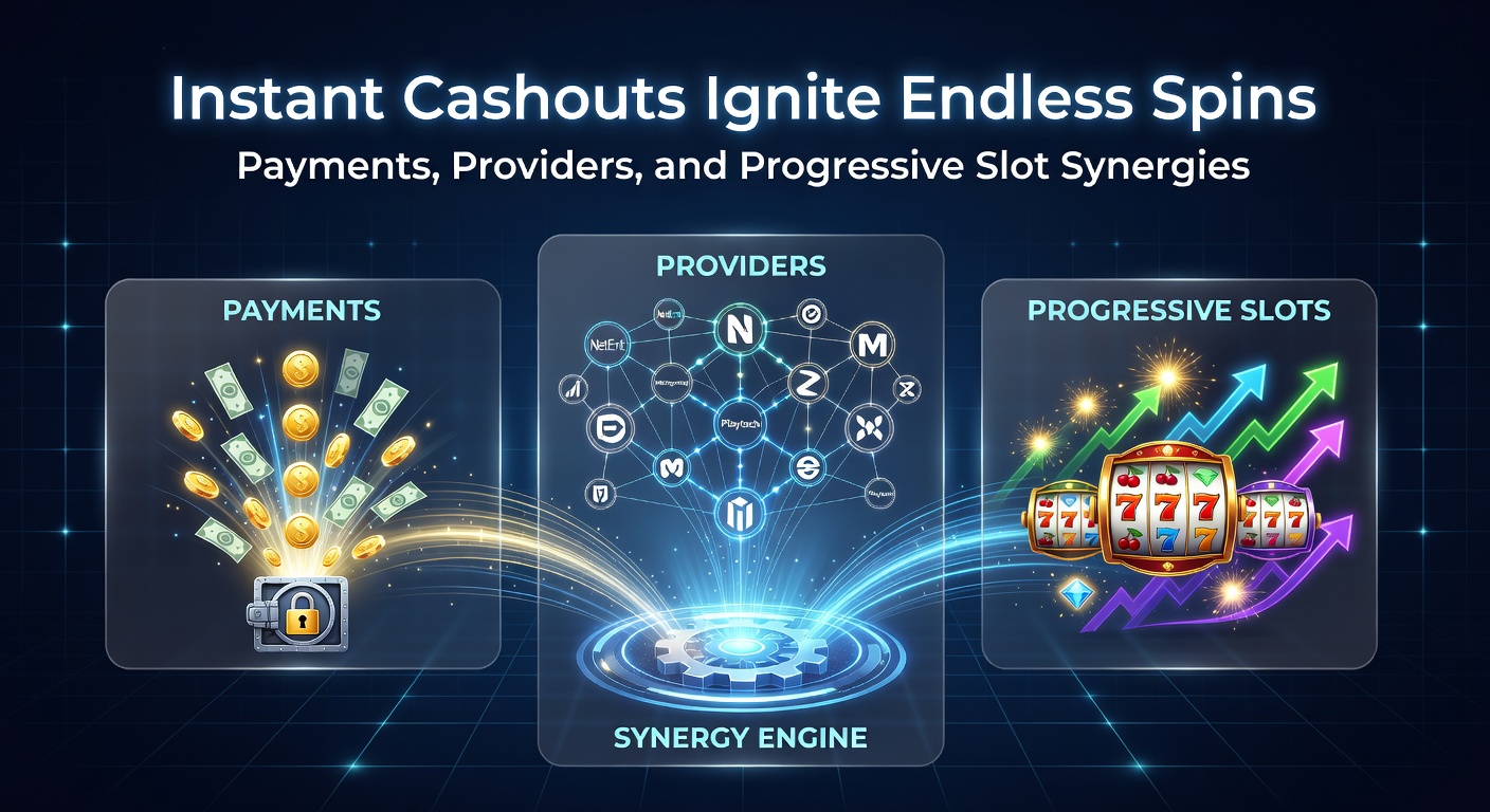 Vibrant illustration of interconnected slot reels with instant cashout arrows looping back into progressive jackpot explosions