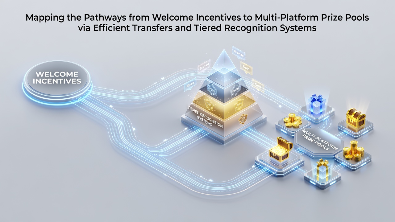 Diagram illustrating pathways from welcome incentives through transfers to multi-platform prize pools