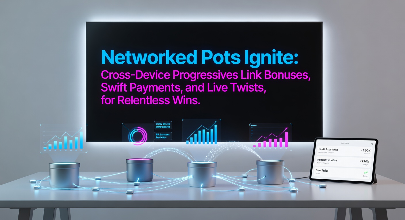 Vibrant display of interconnected slot machines showing rising progressive jackpots across mobile and desktop screens, with glowing networked pots and bonus multipliers
