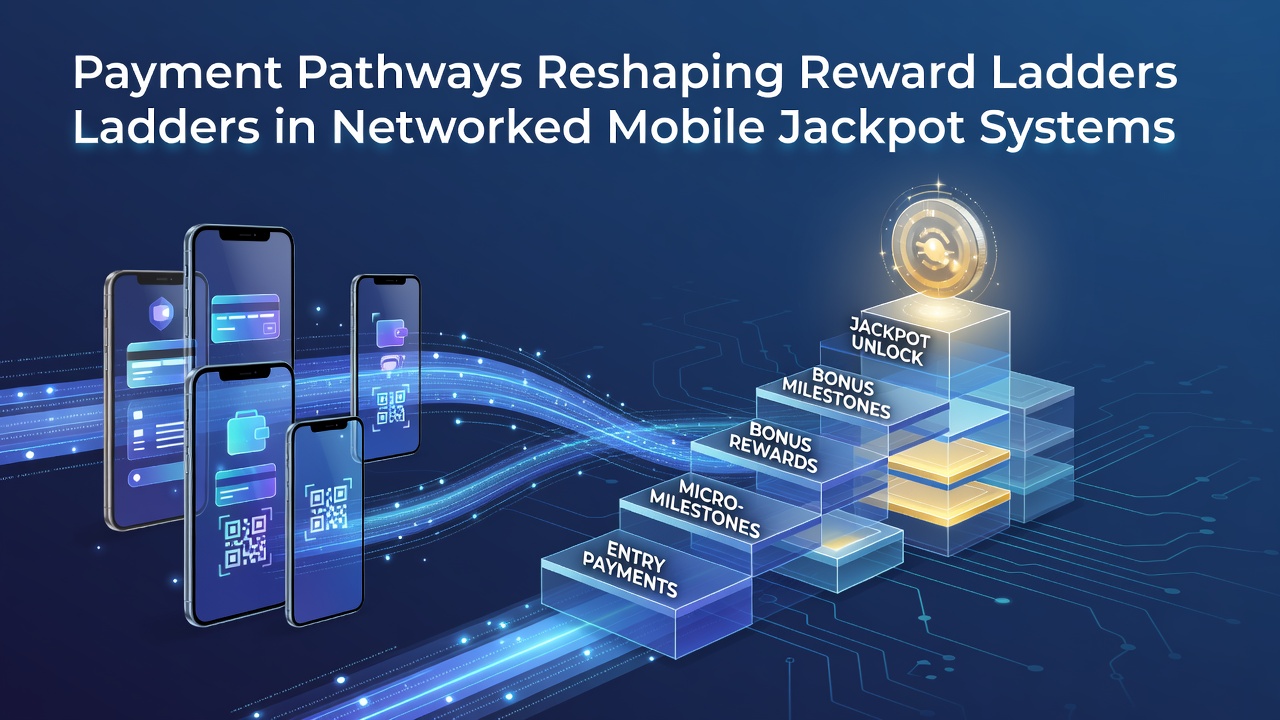 Illustration showing interconnected payment pathways linking mobile devices to progressive jackpot networks and reward tier systems