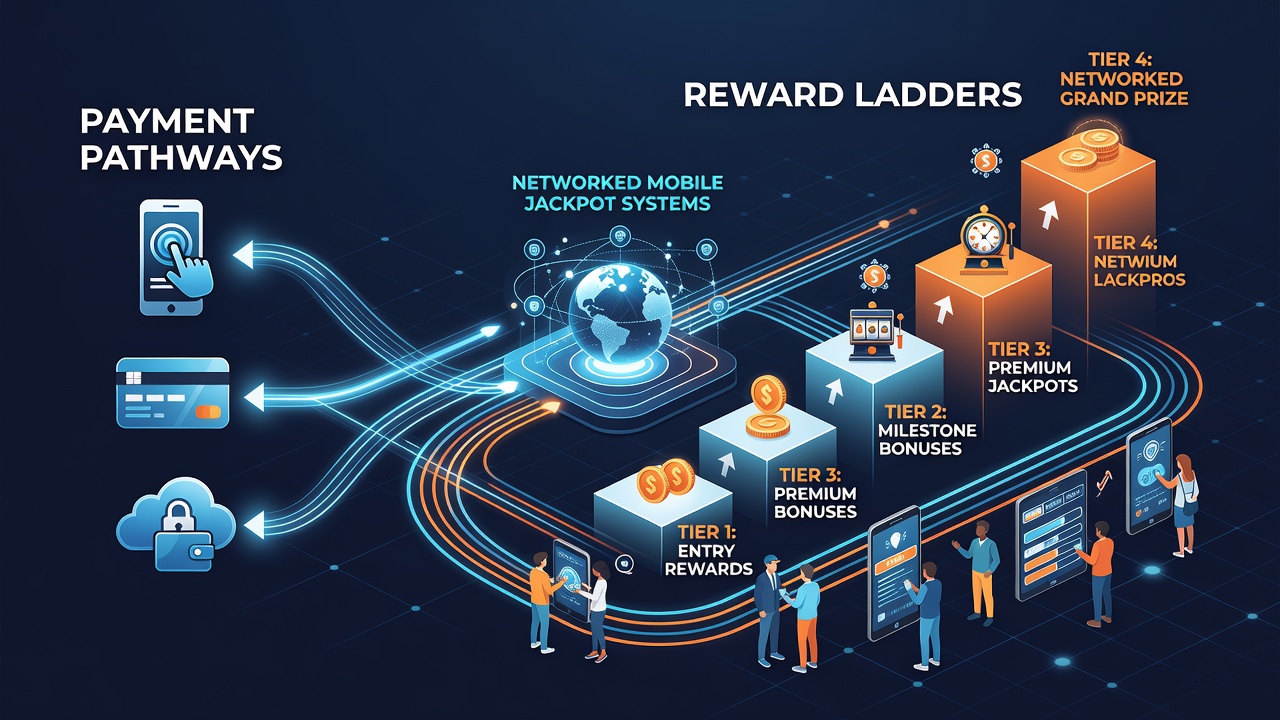 Mobile device interface displaying real-time reward ladder updates linked to instant payment confirmations in a progressive jackpot environment