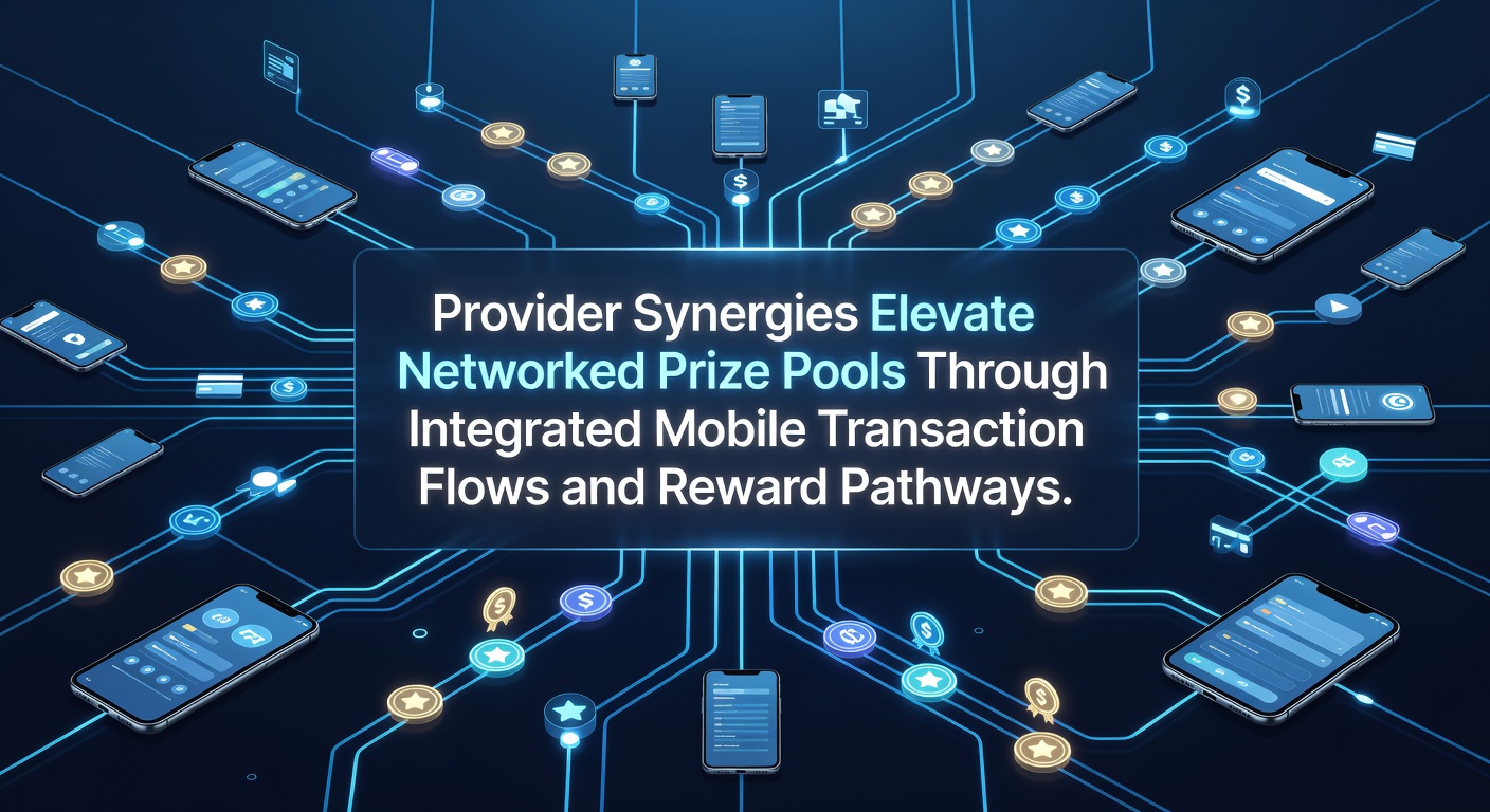 Illustration of interconnected mobile transaction flows linking multiple game providers to shared prize pool networks