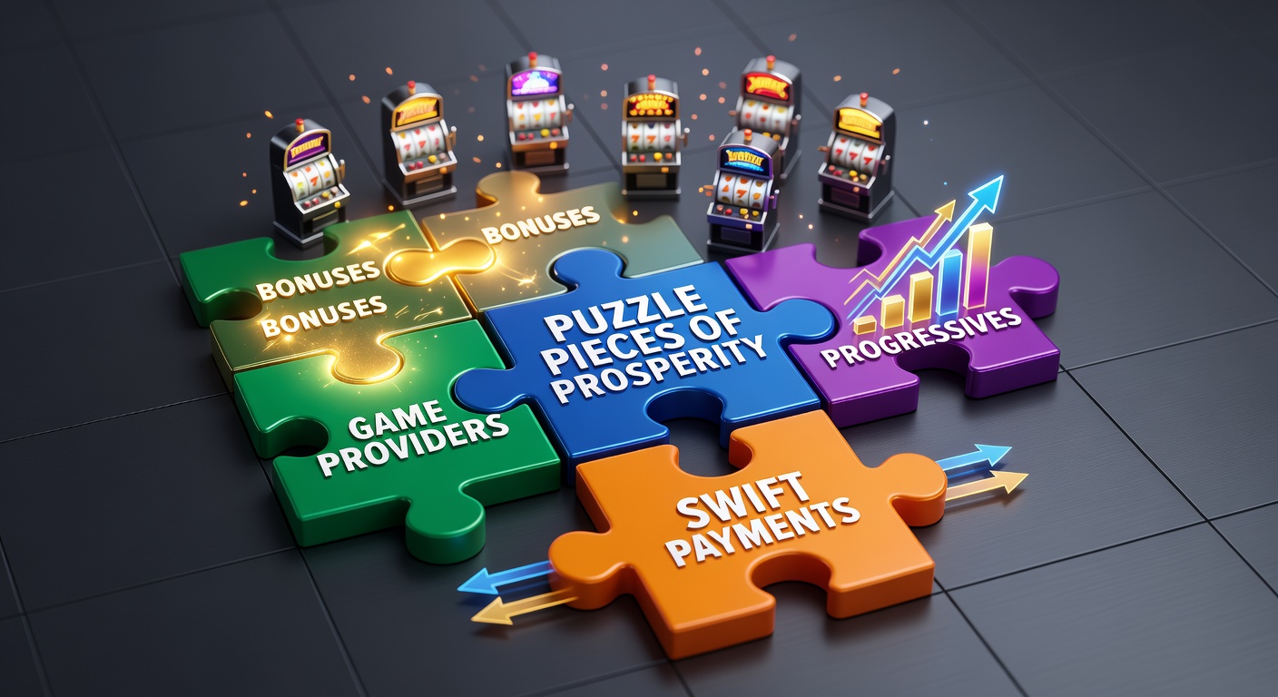 Vibrant slot machine interface showing interconnected jackpot meters, bonus wheels, and payment icons glowing in a puzzle-like formation