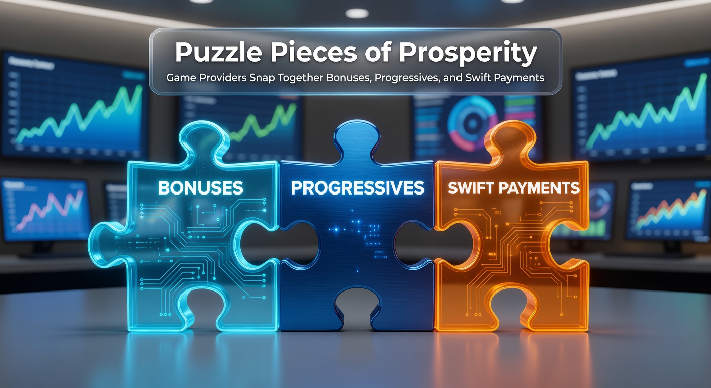 Dynamic graphic of slot providers' logos connecting like puzzle pieces, with jackpot counters rising, bonus explosions, and lightning-fast payment streams