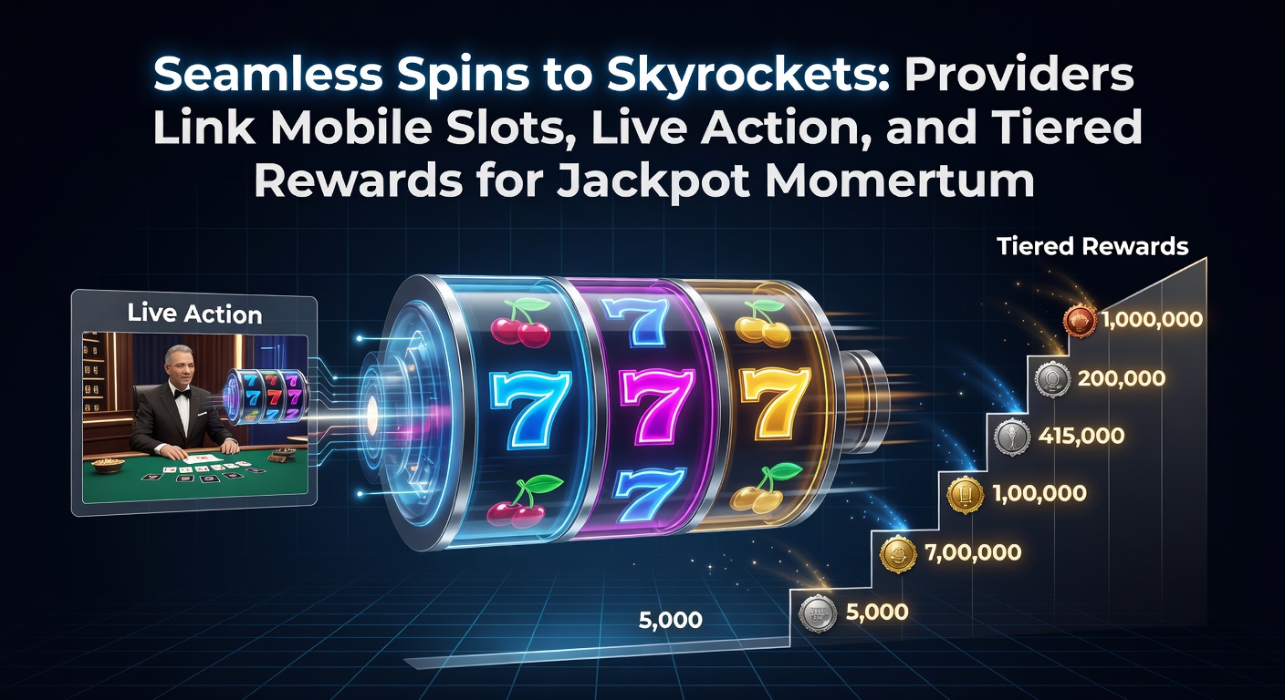 Dynamic graphic showing interconnected mobile slot reels, live dealer tables, and ascending reward ladders fueling a central jackpot meter