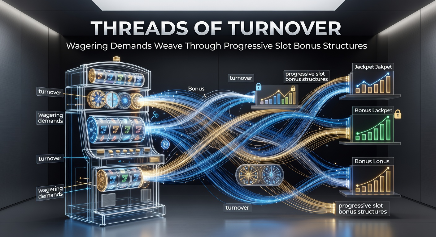 Visual representation of intertwined threads symbolizing wagering requirements and progressive slot bonuses, with glowing jackpot elements weaving through a complex web