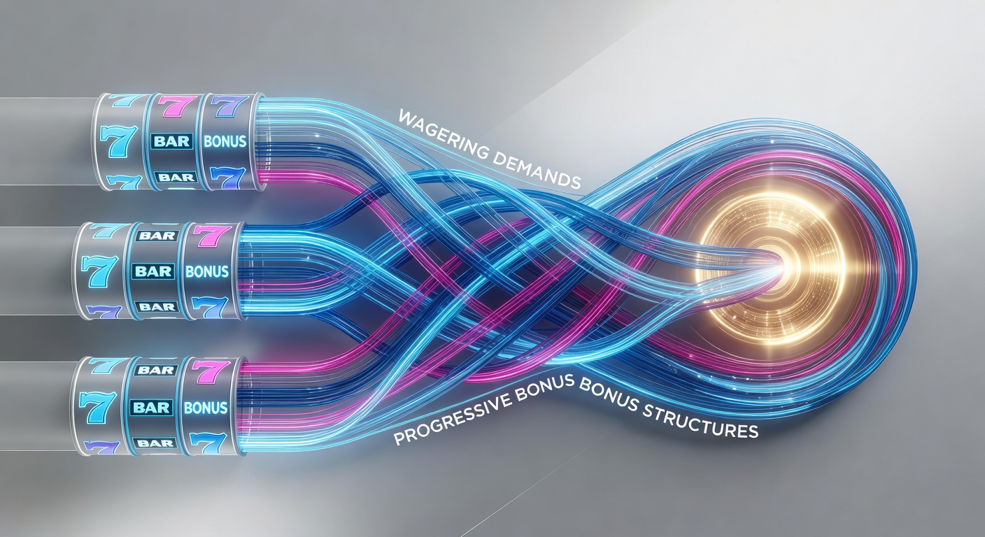 Detailed diagram illustrating wagering requirement threads connecting bonus icons to a central progressive jackpot pot, with arrows showing turnover flow and unlock points