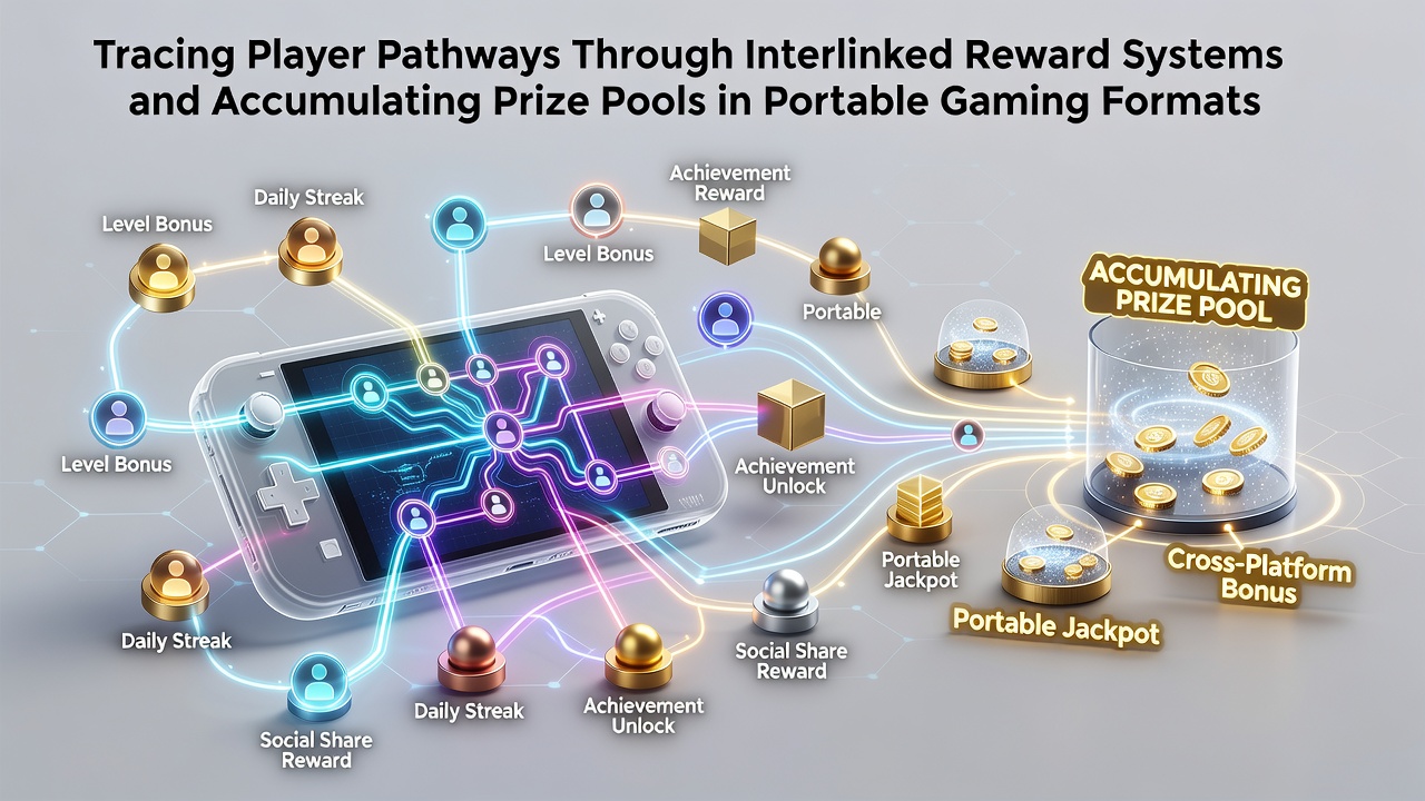 Illustration of interconnected reward pathways in mobile gaming showing player progression routes and prize pool growth