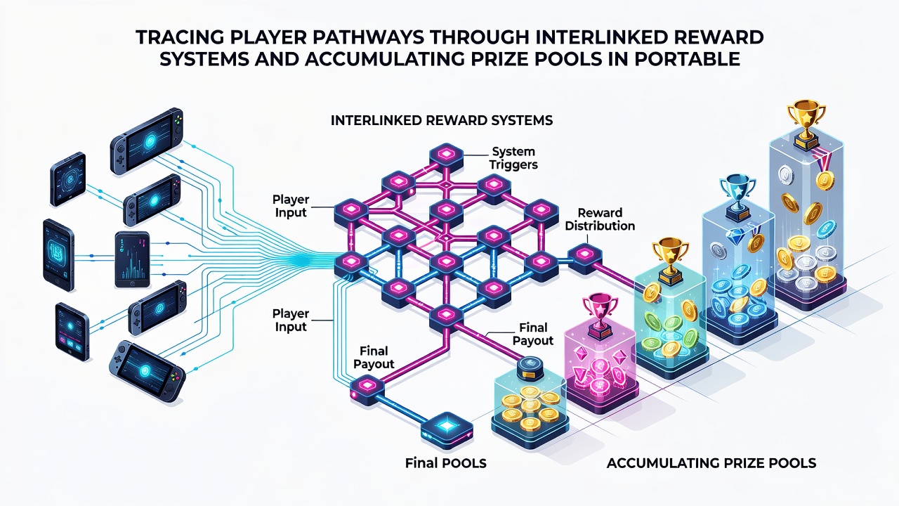 Diagram depicting accumulating prize pools linked across mobile gaming sessions with reward system interconnections