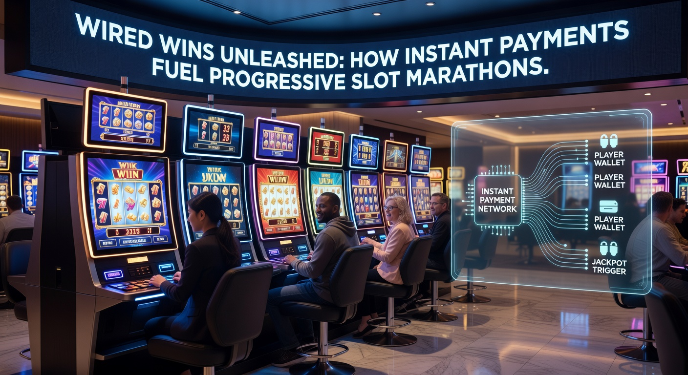Dynamic graphic of a slot marathon session with instant payment notifications popping up beside rapidly increasing progressive jackpot counters and global player icons